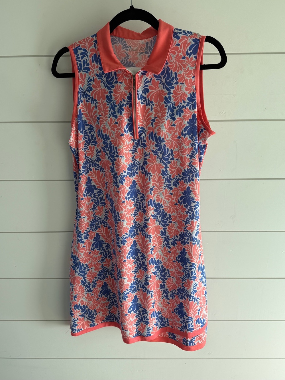Court Haley Sleeveless Coral & Blue Floral Zip-Front Polo Dress
